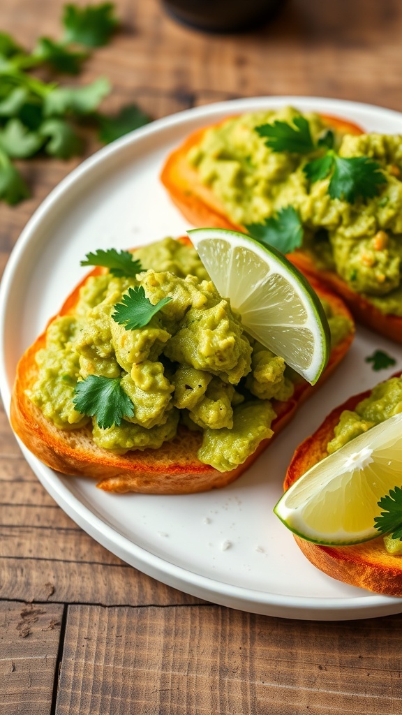Avocado toast with guacamole, garnished with cilantro and lime, on a rustic wooden table.